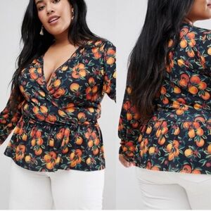 NWOT ASOS Curve Faux Wrap Oranges Tangerine Fruit Print Top Size 22